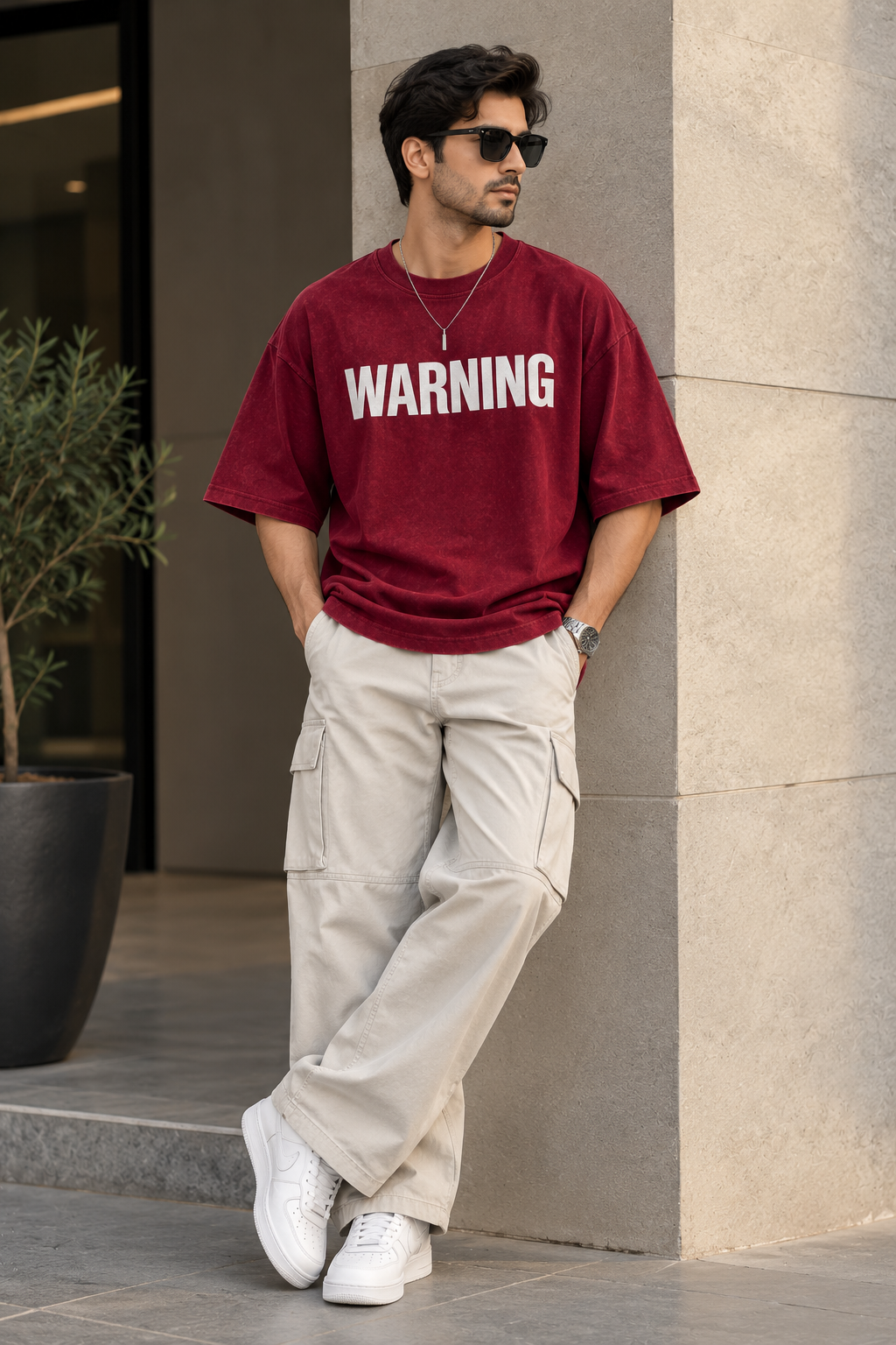 A man wearing a burgundy t-shirt with 'WARNING' printed in white across the chest, paired with beige cargo pants and white sneakers, leaning against a stone pillar.