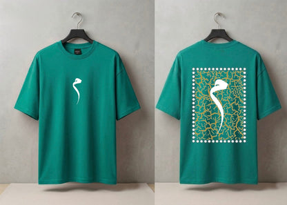 A teal green short-sleeve t-shirt shown from both front and back on black hangers against a textured gray wall. The front features a small white abstract bird-like graphic on the left chest.