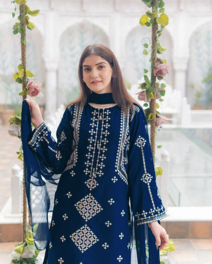 3 Piece Cotton Suit for Women – Sequence Embroidered Shirt with Trouser & Chiffon Dupatta