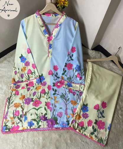 Digital Printed Cord Set for Women – Lace Work Shirt & Trouser (Poly Lawn)