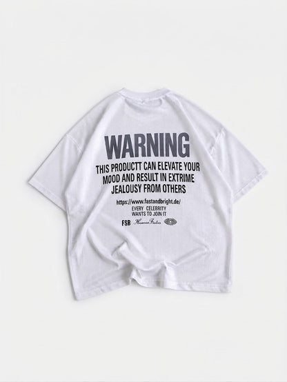 A white short-sleeve t-shirt laid flat against a light gray background, featuring a prominent black warning graphic printed on the back.